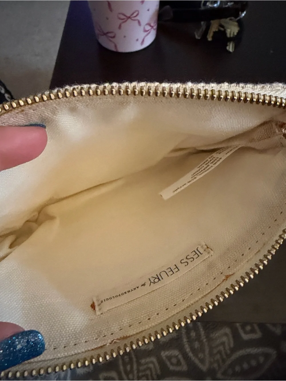 Anthropologie Woven Stripe Zip Pouch in Cream and Neutral Stripes